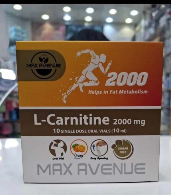 ویال خوراکی ال-کارنیتین 2000 میلی‌گرم Max Avenue با طعم پرتقال، مناسب کمک به متابولیسم چربی