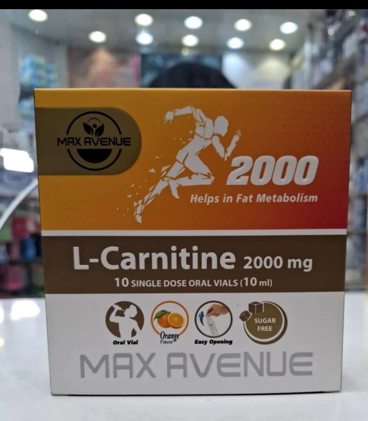 ویال خوراکی ال-کارنیتین 2000 میلی‌گرم Max Avenue با طعم پرتقال، مناسب کمک به متابولیسم چربی